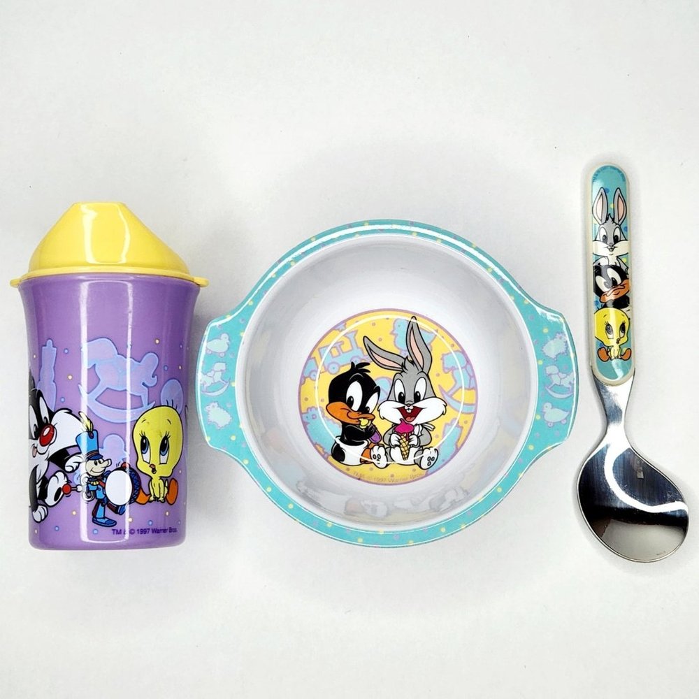 Vintage 1997 Baby Looney Tunes 3pc Feeding Set Bowl Sippy Cup Spoon Warner Bros